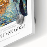 Mid-century modernist style large abstract art print of swirling patterns in vibrant blues and yellows on acrylic glass.