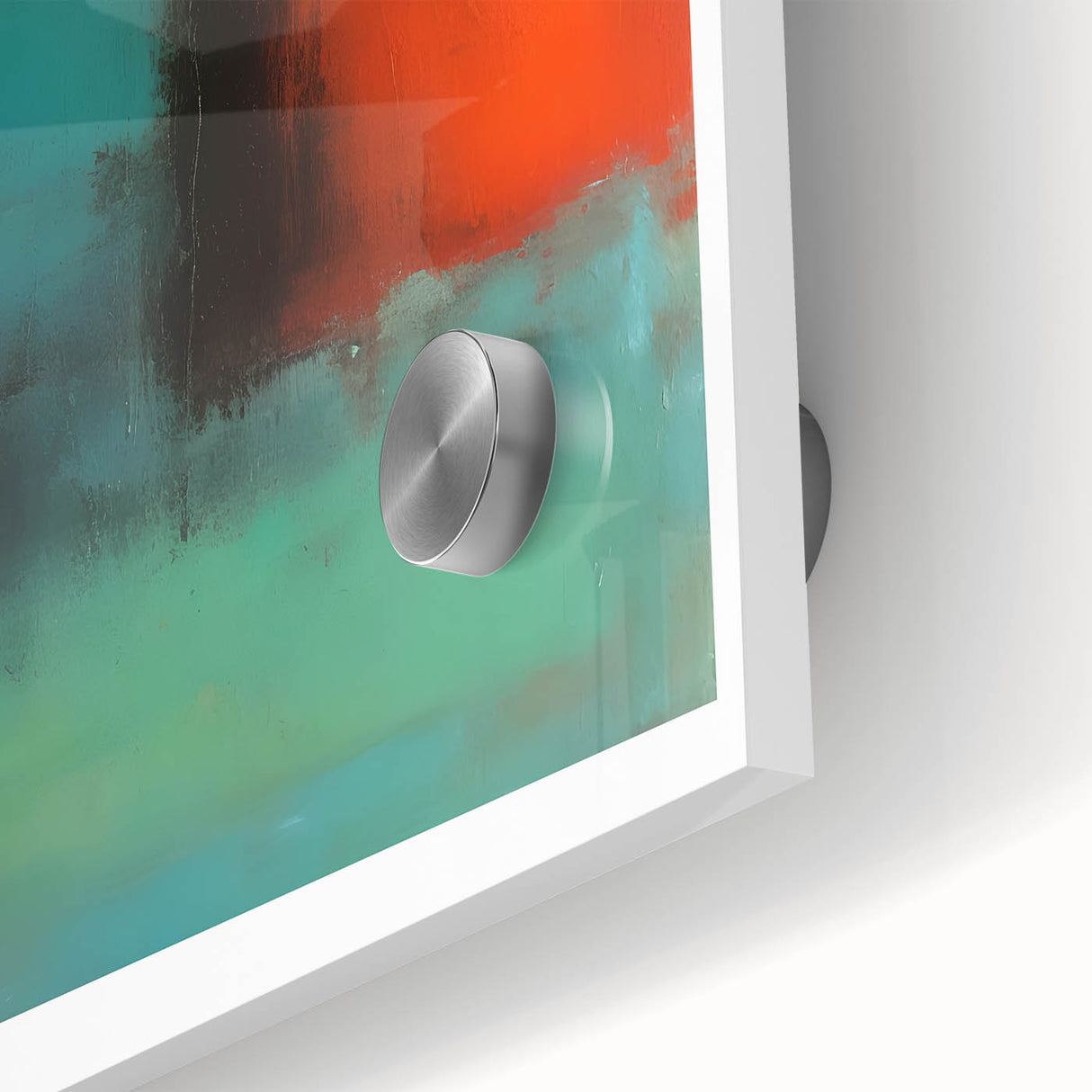 Large abstract wall art in mid-century modernist style with deep red and soft orange hues on acrylic glass.
