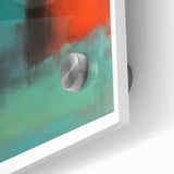 Large abstract wall art in mid-century modernist style with deep red and soft orange hues on acrylic glass.
