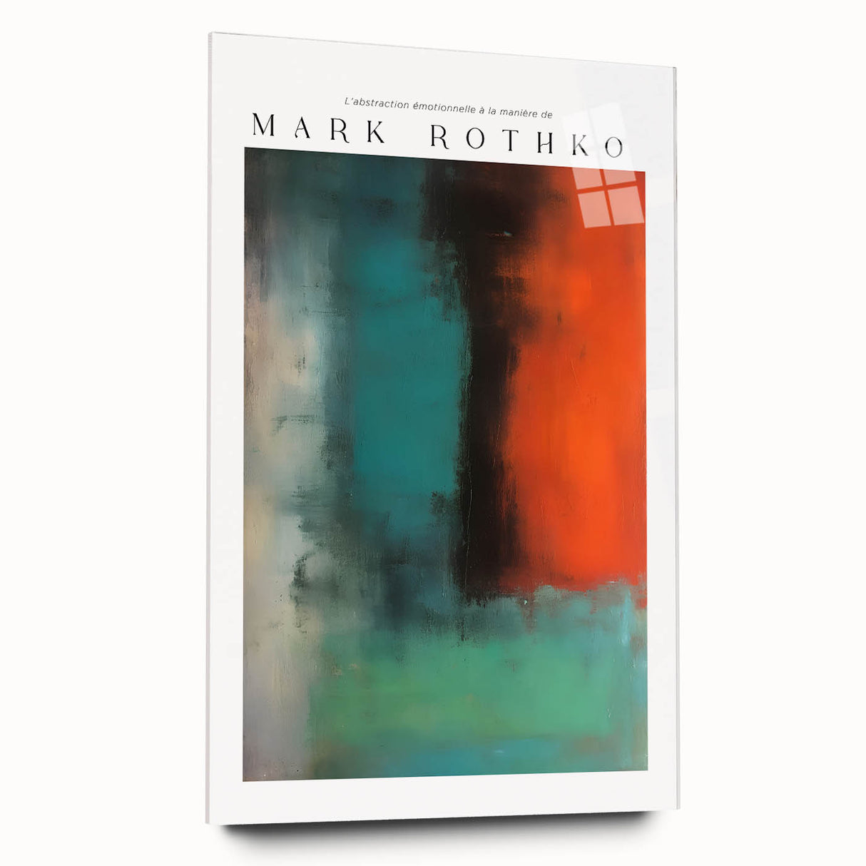 Large abstract wall art in muted blues and grays, acrylic print, suitable for bedroom or dining room decor.