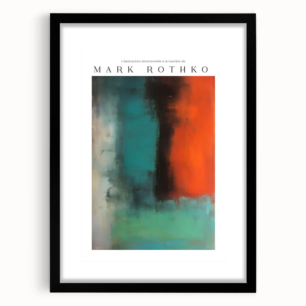 Abstract art print featuring vibrant blocks of color on a textured, extra-large canvas, framed in black.