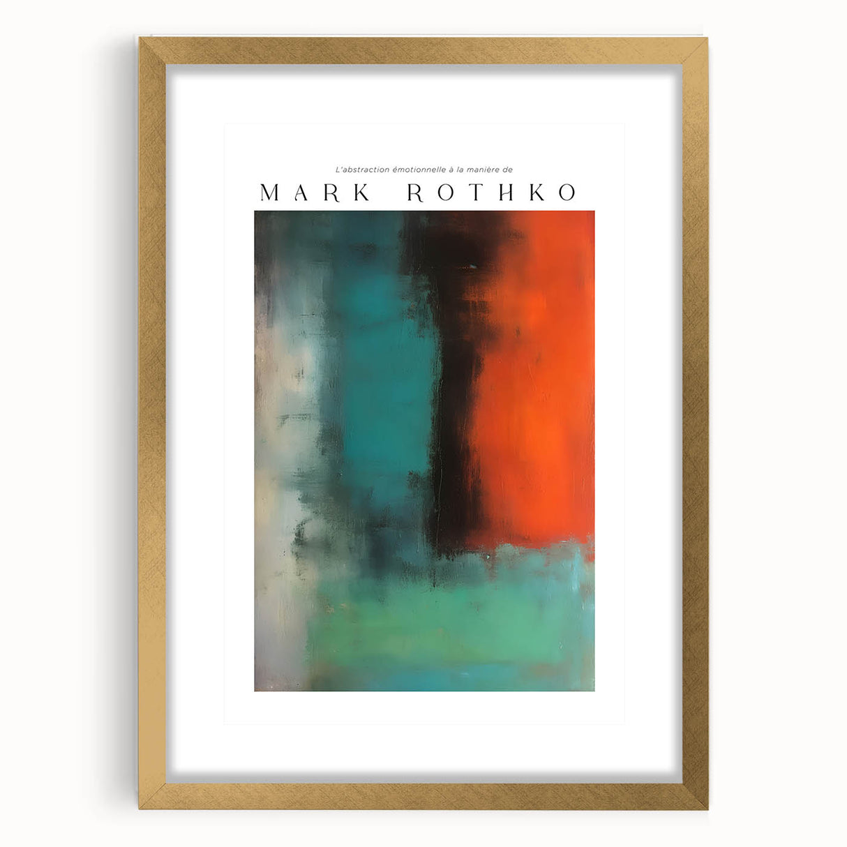 Extra large abstract art print in warm earth tones on textured canvas, framed with a gold mat.