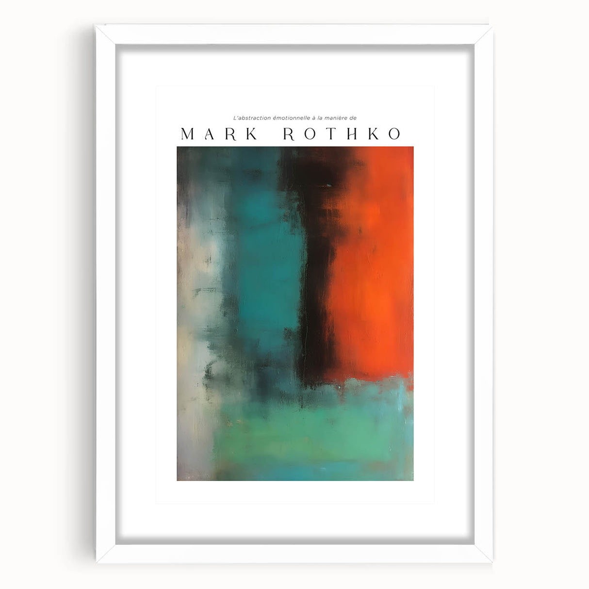 Abstract art print in shades of red and blue on a white framed canvas, suitable for bedroom or dining room decor.