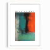 Abstract art print in shades of red and blue on a white framed canvas, suitable for bedroom or dining room decor.