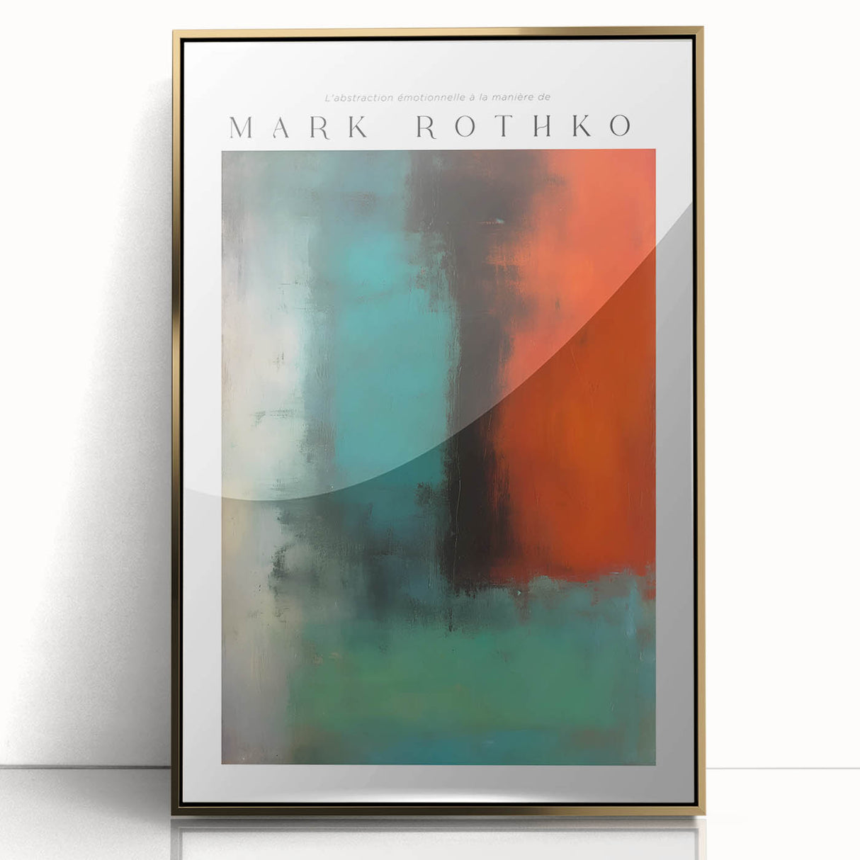 Large art print of a mid-century modernist Rothko-inspired piece in muted orange and yellow, acrylic framed.