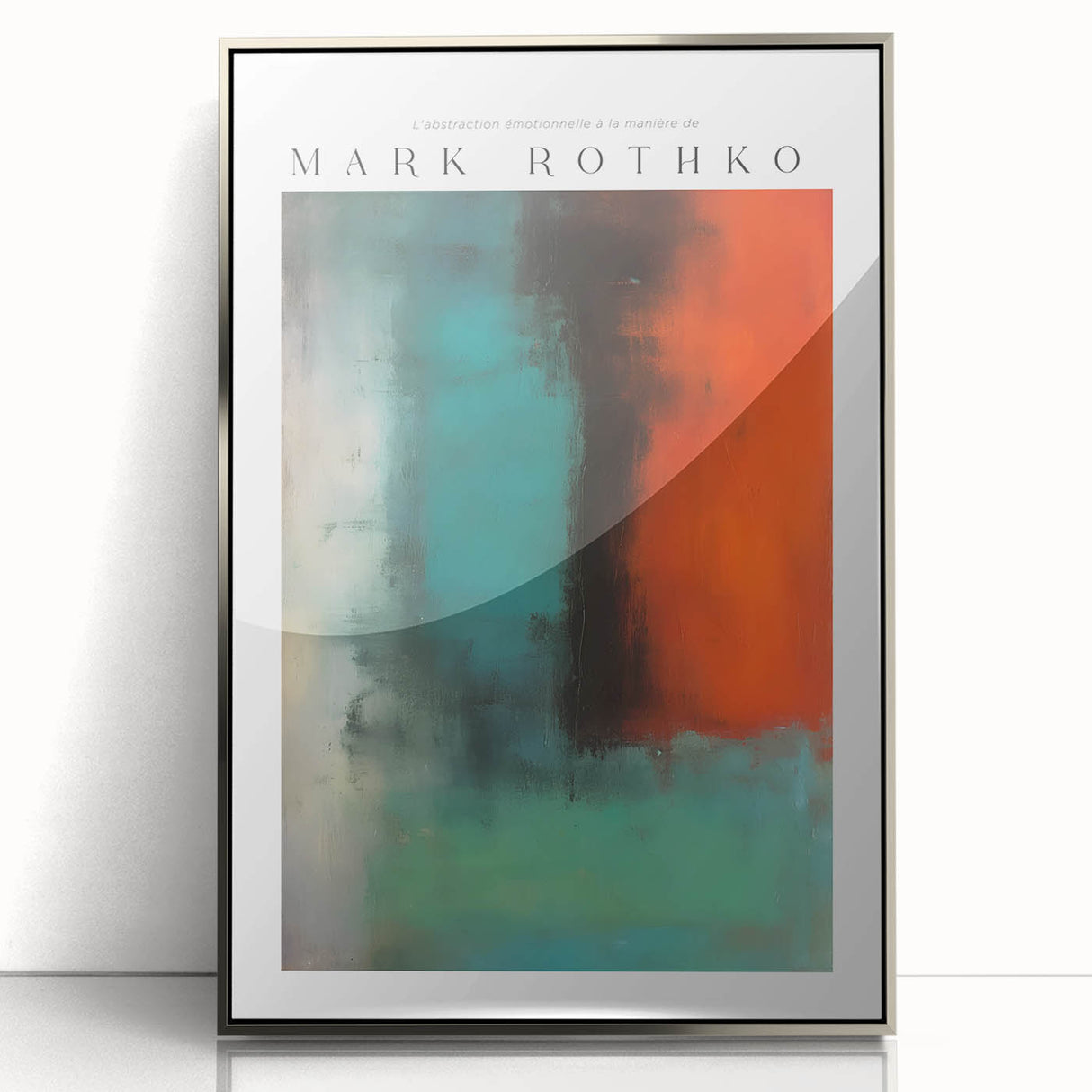 Mid-century modernist art featuring abstract blocks of red and orange on a framed acrylic, ideal for modern art wall decor.