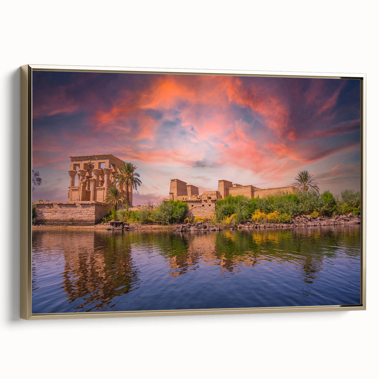 Framed canvas depicting a vintage-style landscape of Egypt with gold and black color palette.