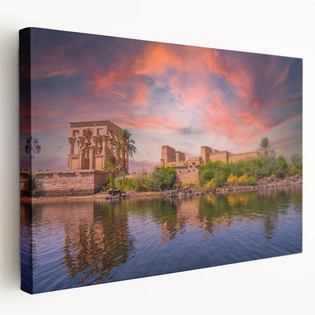 Side view of a stretched canvas featuring a vibrant Egyptian landscape, ideal for kitchen wall art.