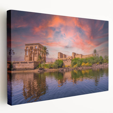 Side view of a stretched canvas featuring a vibrant Egyptian landscape, ideal for kitchen wall art.