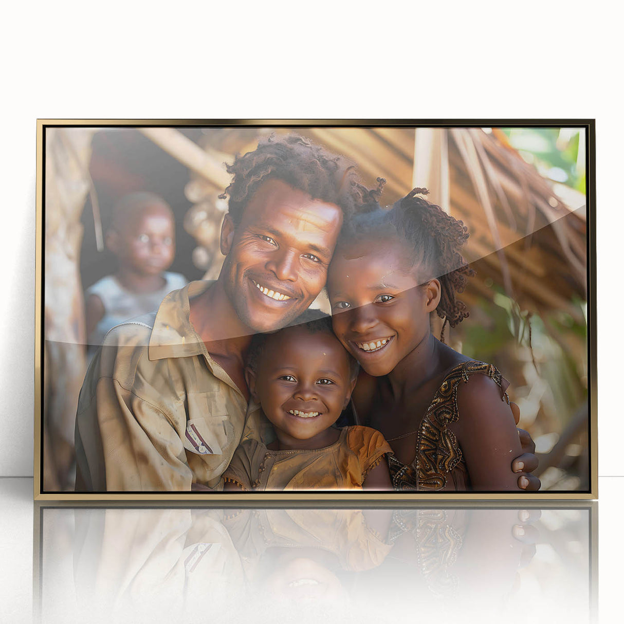 Mid-century modernist art depicting a Madagascar scenery in gold tones on a framed acrylic, ideal for nursery wall decor.