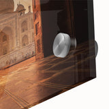 Large abstract wall art depicting a Moroccan landscape in muted earth tones on acrylic glass, suited for dining room decor.