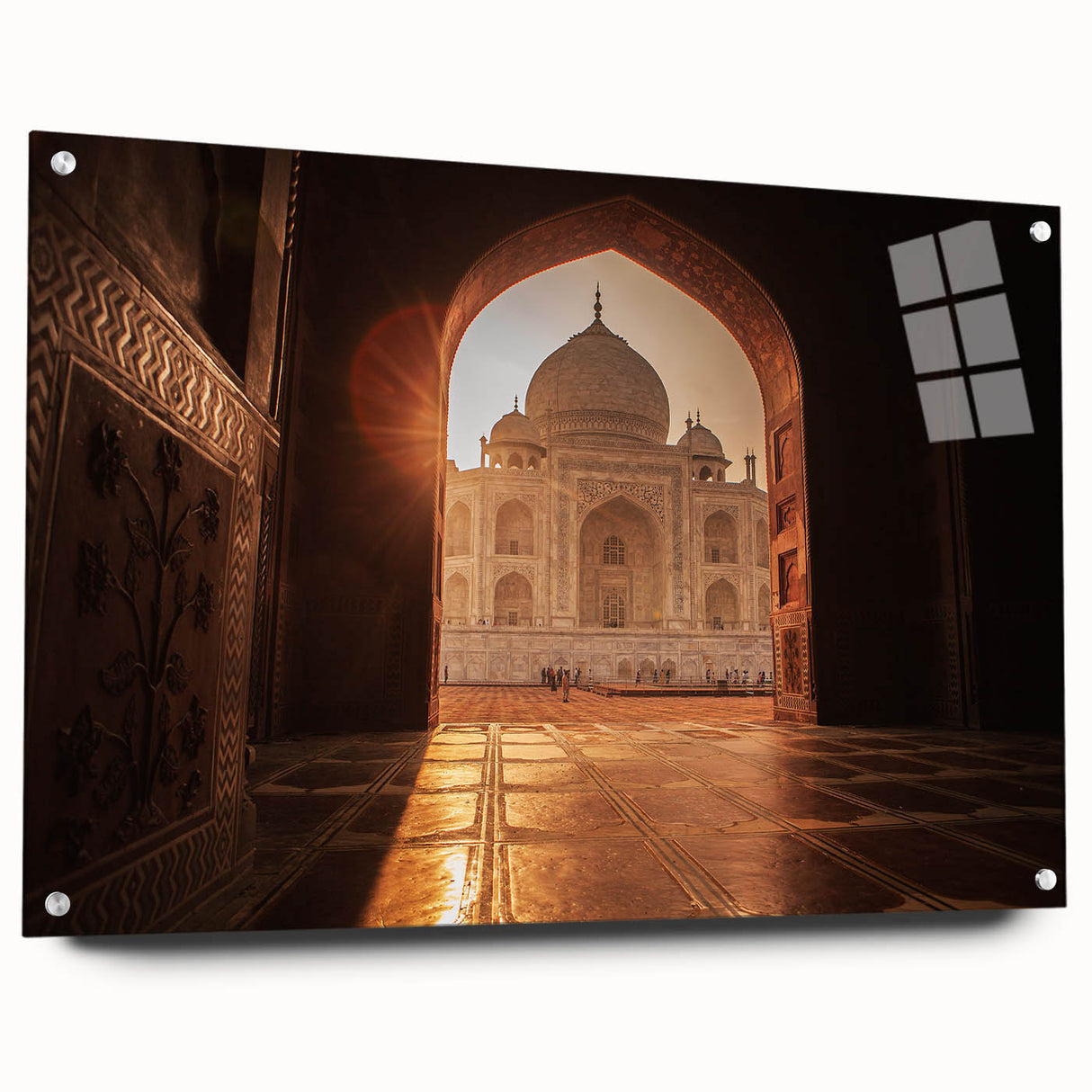 Large abstract wall art of Moroccan scenery in muted earth tones on acrylic glass, suitable for bedroom or dining room decor.