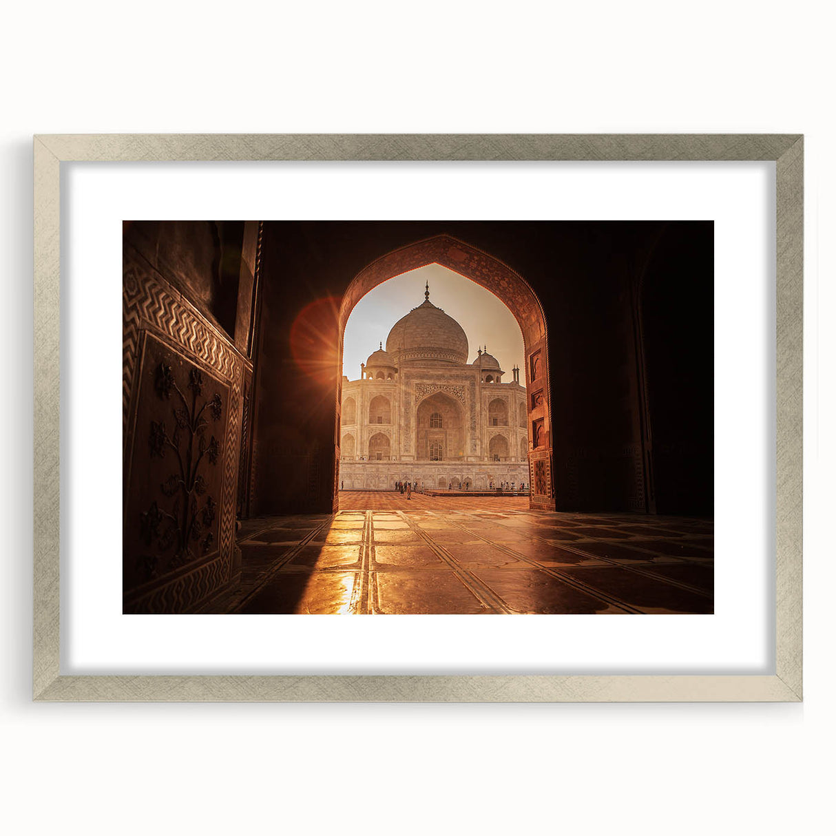 Abstract art print of a Moroccan landscape in muted earth tones on a framed silver mat, ideal for dining room decor.