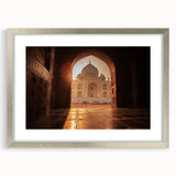 Abstract art print of a Moroccan landscape in muted earth tones on a framed silver mat, ideal for dining room decor.