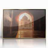 Mid-century modernist acrylic print of a Moroccan landscape in gold and earth tones, suitable for nursery wall art.