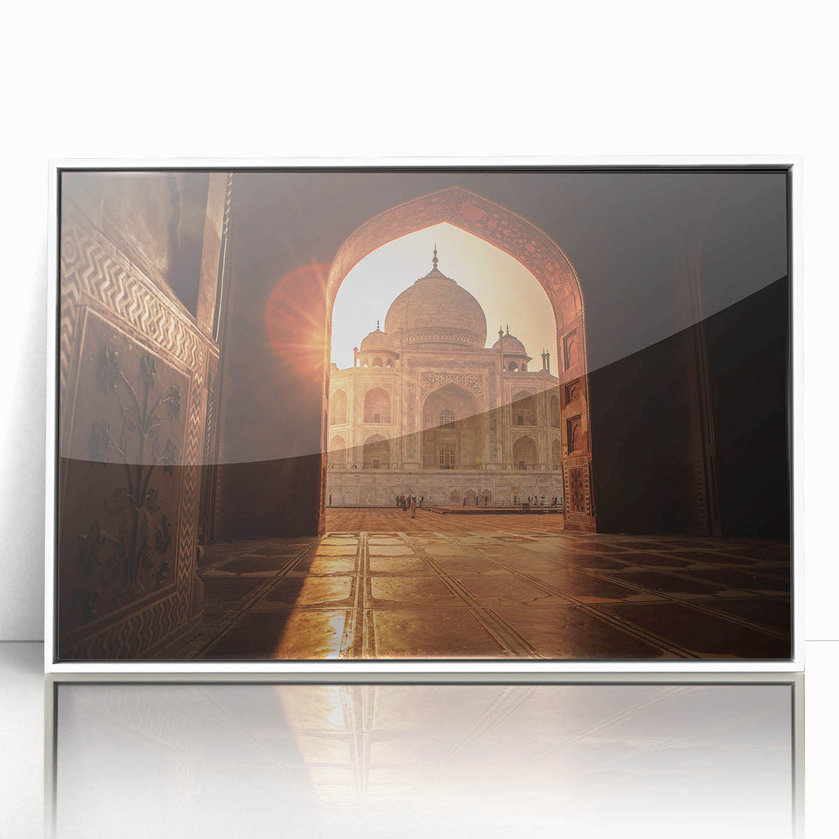 Large art print of a Moroccan landscape in mid-century modernist style, framed in white acrylic.
