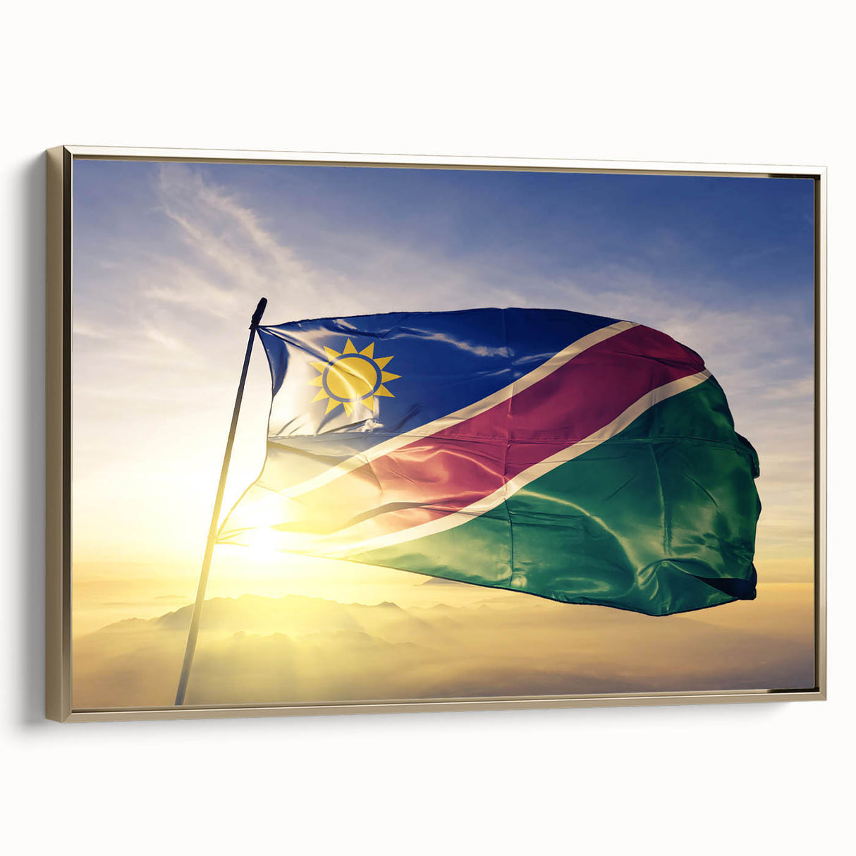 Vintage poster art of an African scenery in Namibia, depicted in vibrant colors on a large framed canvas.