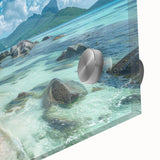 Large abstract wall art featuring Seychelles scenery in muted blue tones on acrylic glass, ideal for dining room art.