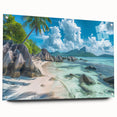 Acrylic print of a Seychelles scenery in muted blue and green tones, suitable for bedroom or dining room decor.