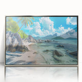 Framed acrylic print of a Seychelles landscape with silver frame, featuring mid-century modernist style.