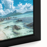 Extra large framed canvas featuring a textured, colorful African Seychelles scenery, ideal for living room decor.