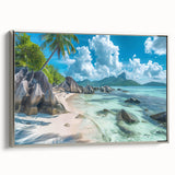 Framed canvas landscape art paintings depicting a Seychelles scenery in vibrant colors, ideal for living room decor.
