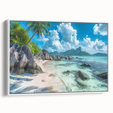 Vintage poster art of Seychelles scenery on framed canvas, featuring a black and colorful palette.