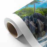 Art Deco poster of Seychelles scenery on rolled canvas, featuring pastel hues, ideal for nursery wall art.