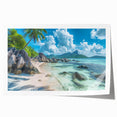 Extra large rolled print of Seychelles scenery with vibrant green and blue tones, suitable for art wall dining room.