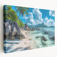 Large stretched canvas depicting a serene Seychelles beach scene in soft blue and green tones, suitable for kitchen wall art.