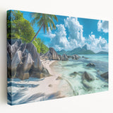 Large stretched canvas depicting a serene Seychelles beach scene in soft blue and green tones, suitable for kitchen wall art.