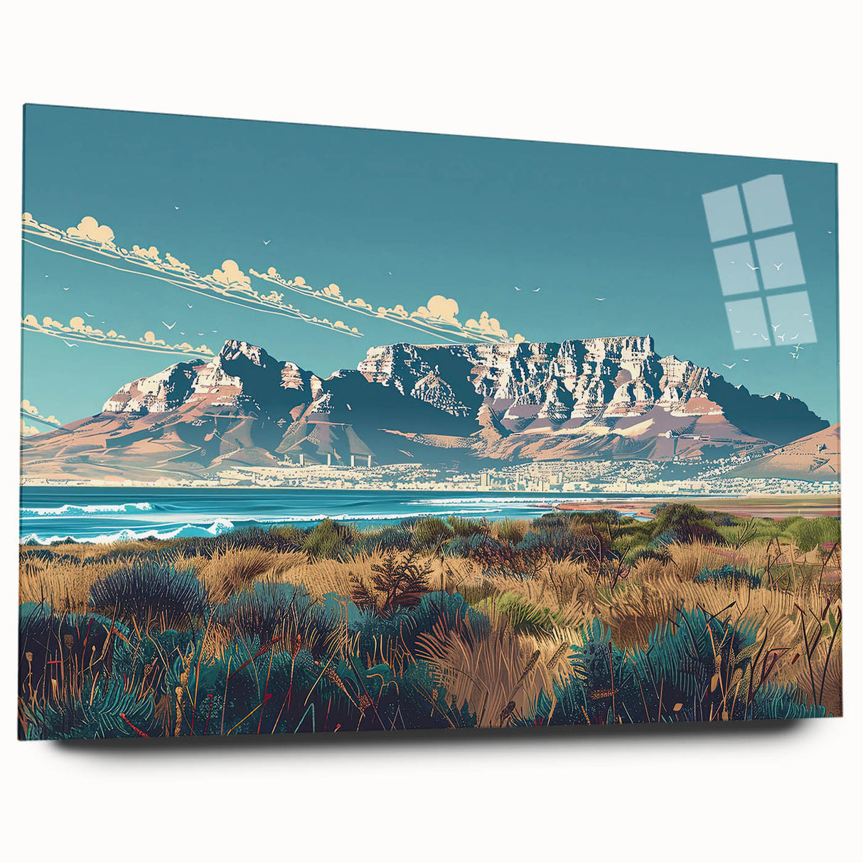 Large abstract depiction of a South African scenery in muted earth tones on acrylic glass.