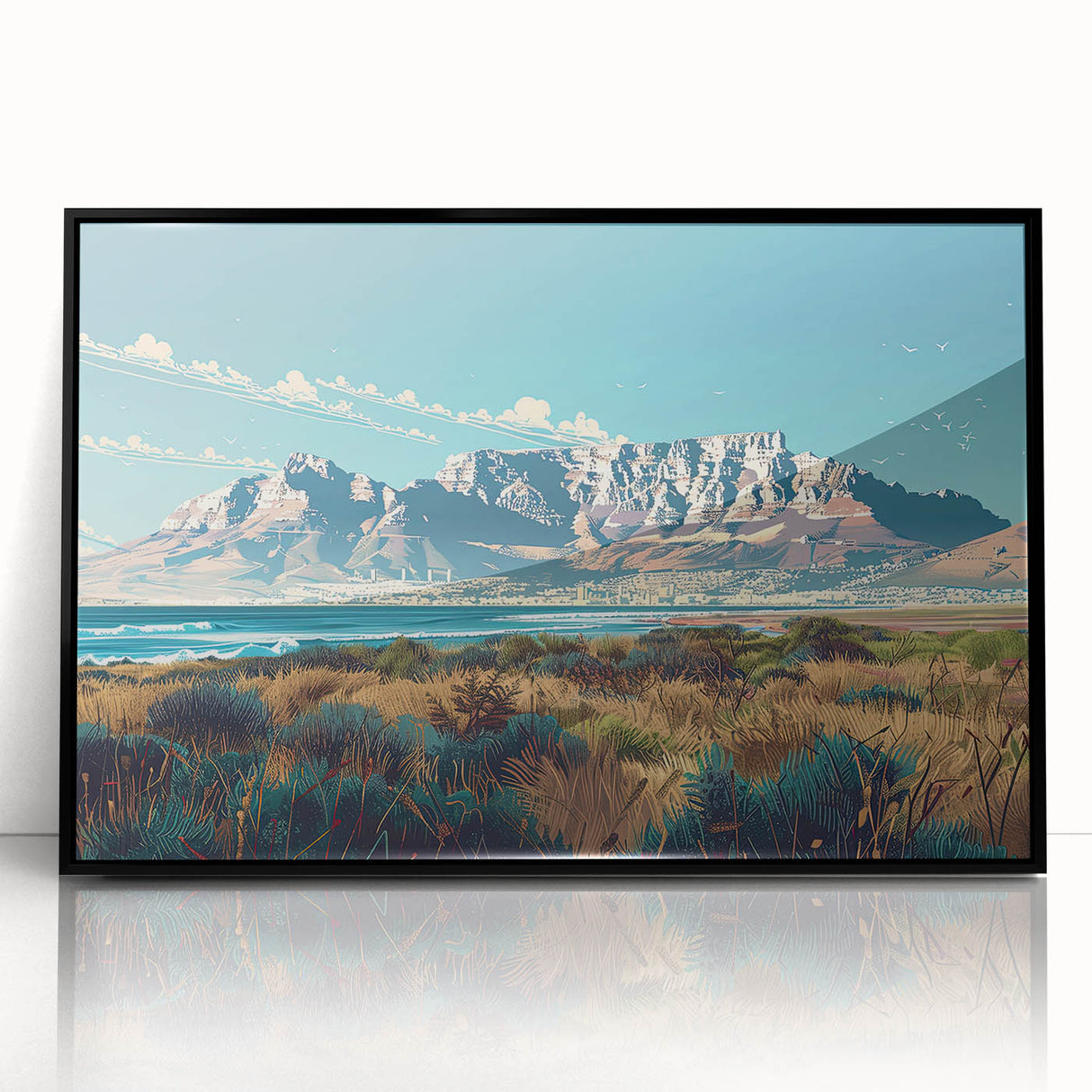 Large abstract wall art featuring a South African landscape in muted earth tones on a framed acrylic print.