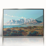 Mid-century modernist art depicting a South African scenery in muted earth tones on a silver-framed acrylic print.