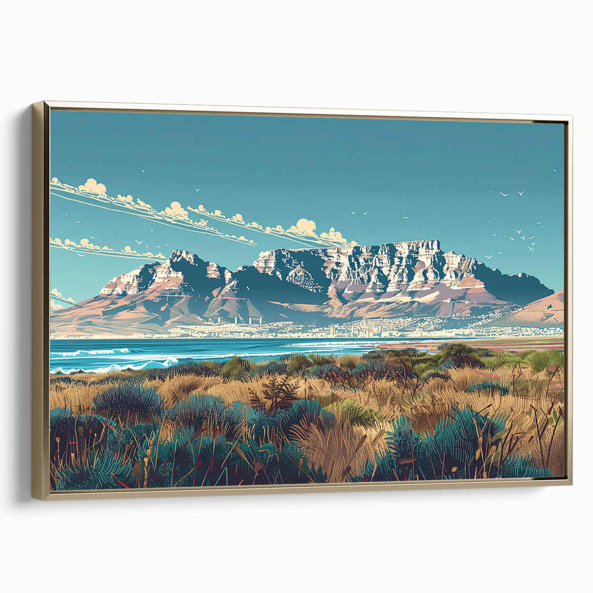 Framed canvas wall art featuring a vintage-style African landscape in muted gold and black tones, ideal for bedroom decor.