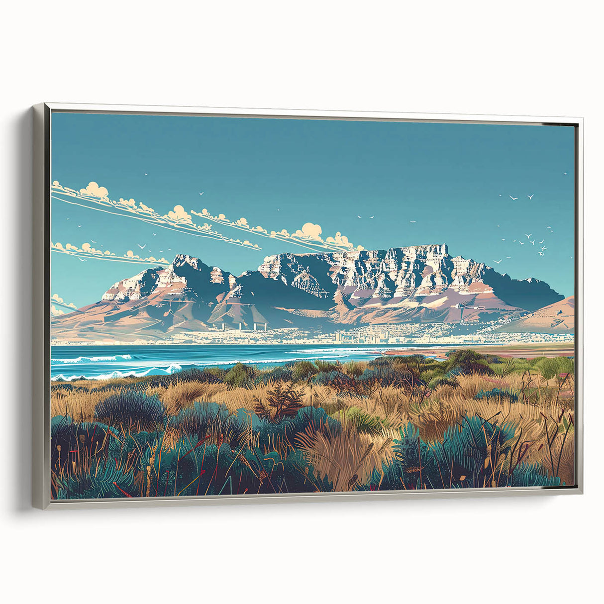 Framed canvas of a colorful African landscape painting in vintage style, ideal for adding a vibrant touch to any room.
