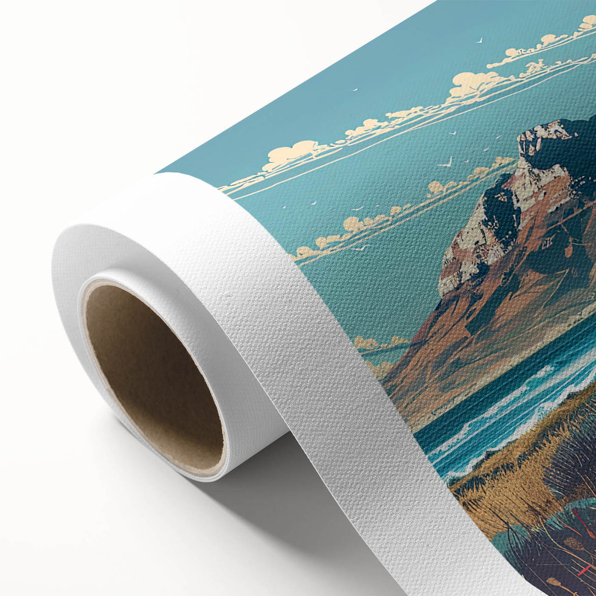 Art deco style poster of South African scenery on rolled canvas, featuring muted earth tones, ideal for nursery wall art.