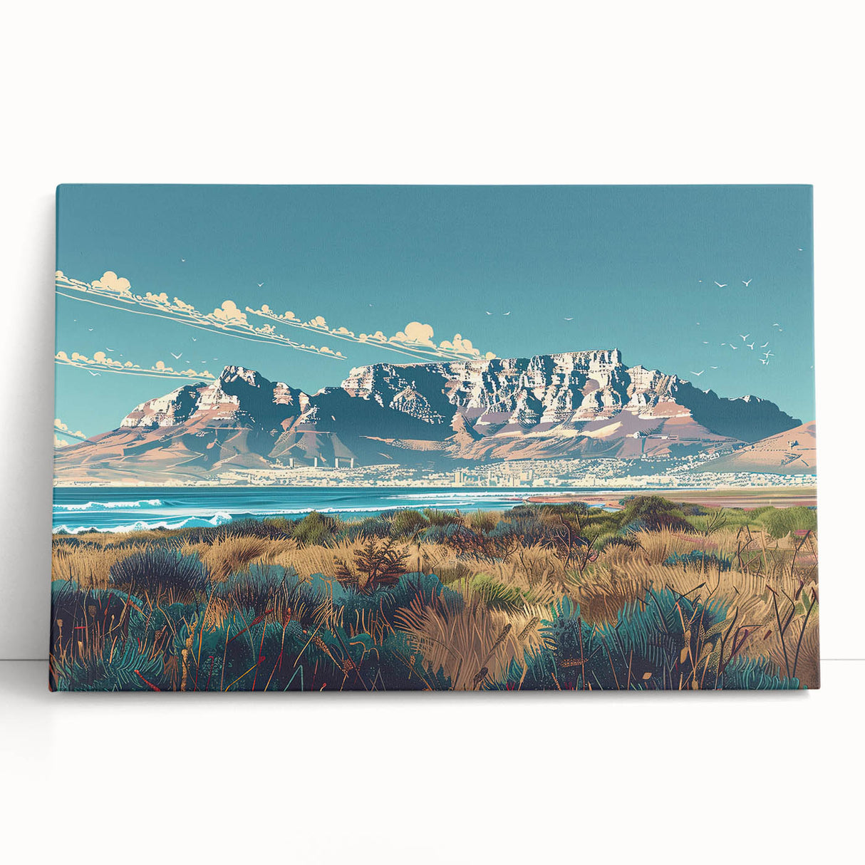 Large black and white stretched canvas of an African savannah scene, ideal for kitchen wall art.