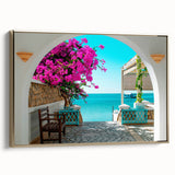 Framed canvas featuring a vintage poster-style landscape of Tunisia with muted gold and black tones.