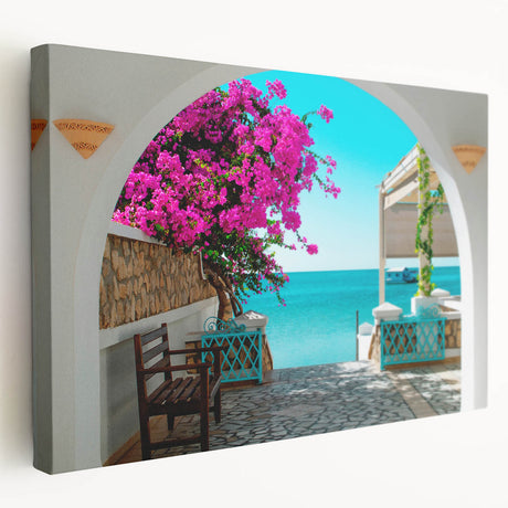 Side view of a stretched canvas depicting a Tunisian landscape in earthy tones, ideal for kitchen wall art.