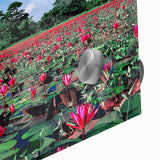 Large abstract wall art featuring a mid-century modernist design in vibrant colors on acrylic glass.