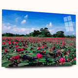 Large abstract wall art depicting a serene Bangladesh landscape in cool blue and green tones on acrylic glass.