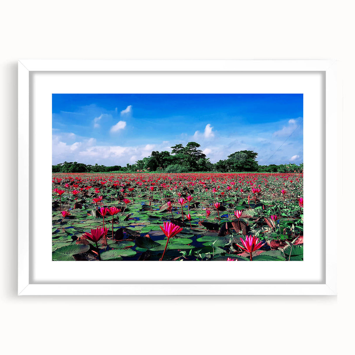 Abstract art print depicting a rural Bangladesh landscape in muted earth tones on a framed white mat.