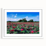 Abstract art print depicting a rural Bangladesh landscape in muted earth tones on a framed white mat.