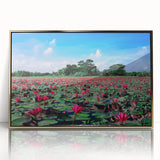 Large art print of a Bangladesh rural scenery in mid-century modernist style, framed in gold acrylic.