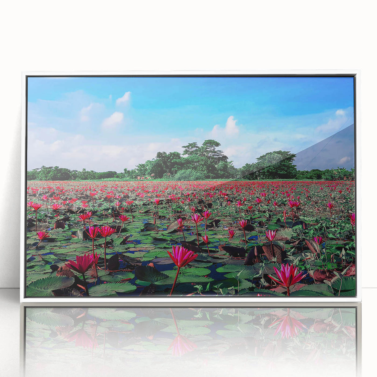 Art deco poster of a serene Bangladesh landscape in muted greens and blues, framed acrylic, ideal for modern art wall decor.