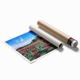 Extra large rolled print of a vibrant floral scene, ideal for classy bathroom wall art or large living room decor.