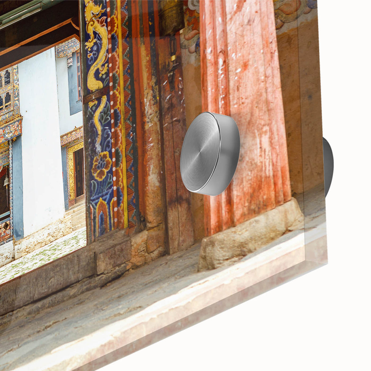Large abstract wall art depicting a Bhutanese landscape in muted earth tones on acrylic glass, ideal for dining room decor.