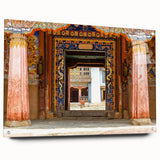 Acrylic print of a serene Bhutan landscape in cool blue and green tones, ideal for bedroom or dining room decor.