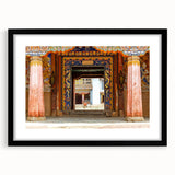Extra large abstract art print featuring vibrant, colorful Bhutanese scenery on a black framed canvas.